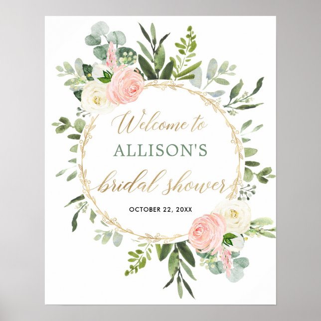 Pink gold greenery bridal shower welcome sign (Front)