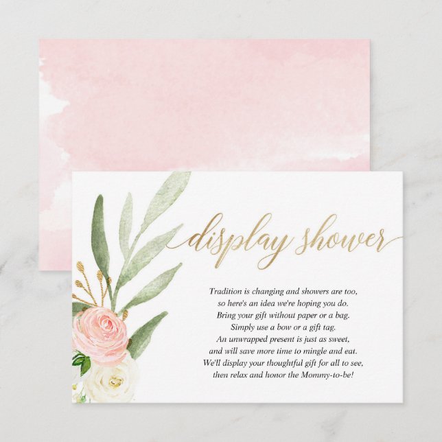 Pink gold greenery display shower girl baby shower enclosure card (Front/Back)