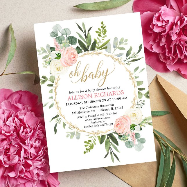 Pink gold greenery elegant girl baby shower invitation (Creator Uploaded)