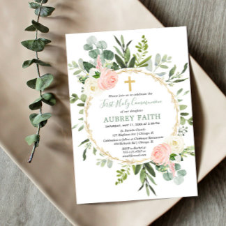 Pink gold greenery eucalyptus First Holy Communion Invitation