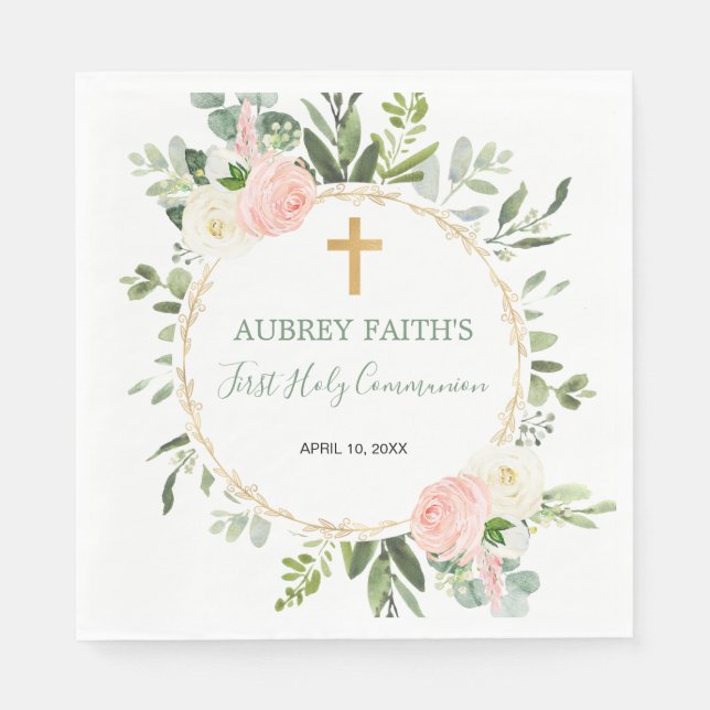Pink gold greenery eucalyptus First Holy Communion Napkin (Front)