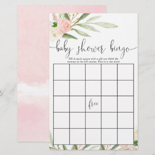 Pink gold greenery floral baby shower bingo cards