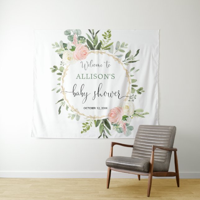 Pink gold greenery girl baby shower backdrop sign tapestry (In Situ (Horizontal))