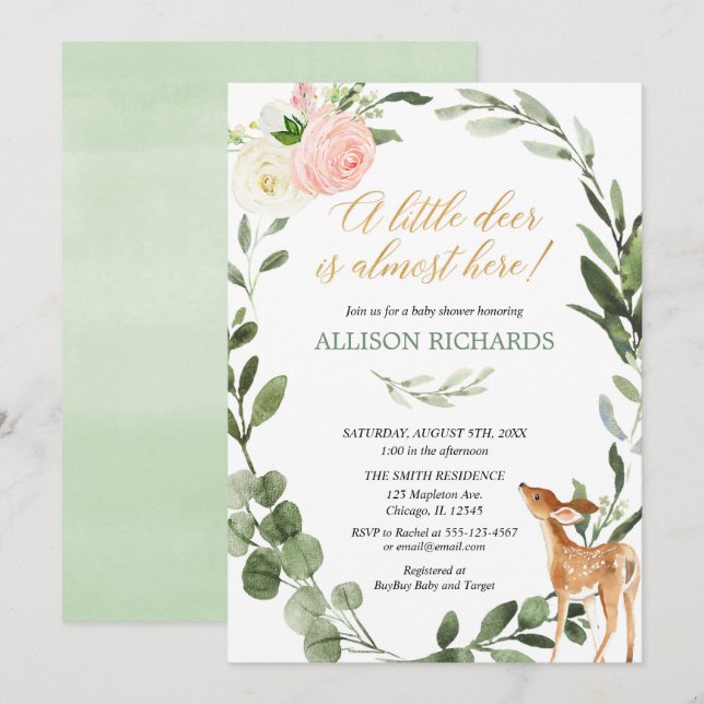 Pink gold greenery little deer girl baby shower invitation (Front/Back)