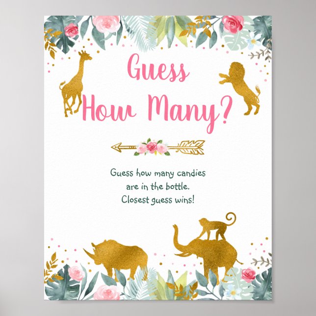 Pink Gold Greenery Safari Guess How Many Game Sign (Front)