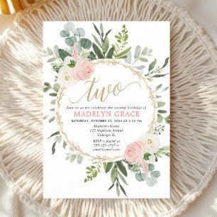 Pink Gold Greenery Second Birthday Girl Invitation