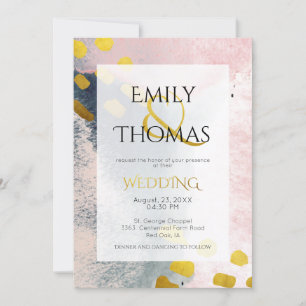 Pink Gold Grey Modern Abstract Watercolor Wedding Invitation