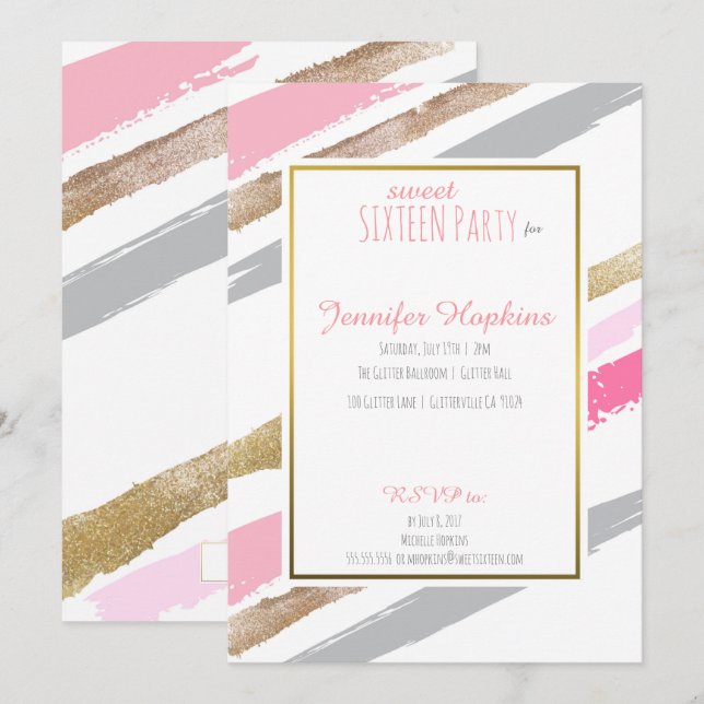 Pink, Gold & Grey Striped Party Invitations (Front/Back)
