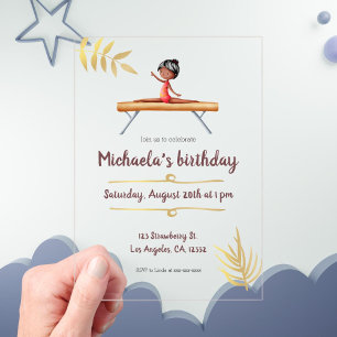 Pink Gold Gymnastics Girl Balance Beam Birthday Acrylic Invitations