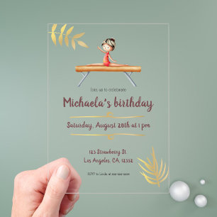 Pink Gold Gymnastics Girl on Beam Birthday Acrylic Invitations