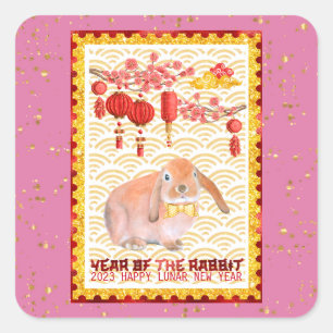 Pink Gold Happy Lunar New Year of the Rabbit Square Sticker