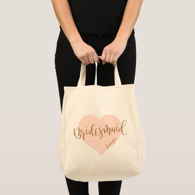 Pink gold heart and script personalized bridesmaid tote bag (Front (Product))
