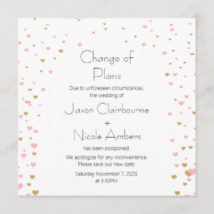 Pink Gold Heart Cascading Change of Plans Invitation