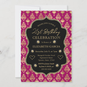Pink & Gold Heart Damask 21st Birthday Invitation