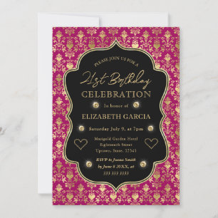 Pink & Gold Heart Damask 21st Birthday Invitation