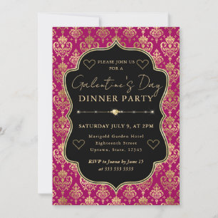 Pink & Gold Heart Damask Galentine's Dinner Party Invitation