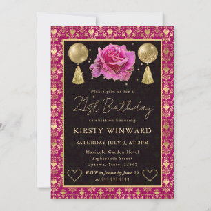 Pink & Gold Heart Damask & Rose 21st Birthday Invitation