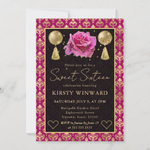 Pink & Gold Heart Damask & Rose Sweet 16 Invitation