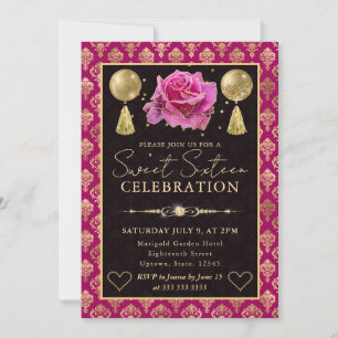 Pink & Gold Heart Damask & Rose Sweet Sixteen Invitation