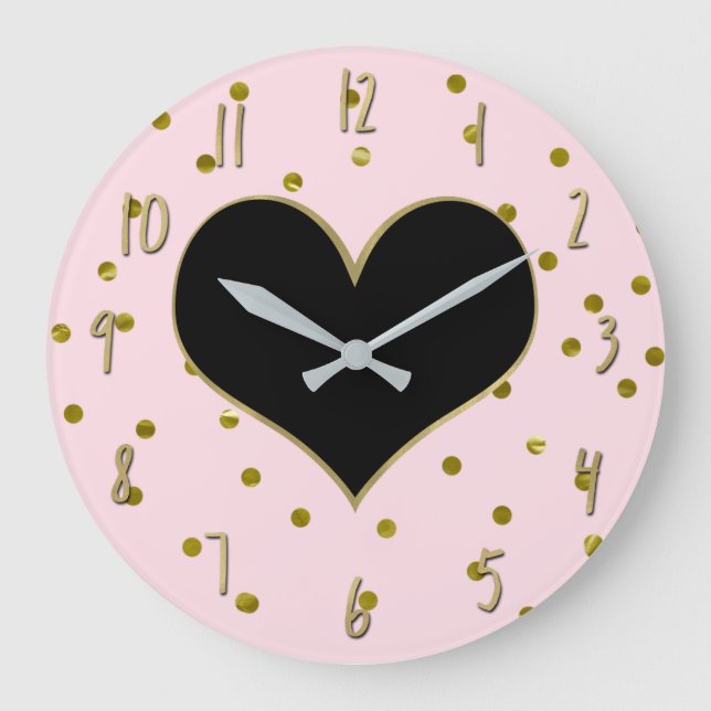 Pink & Gold Heart Polka Dots Modern Trendy Cute Large Clock (Front)