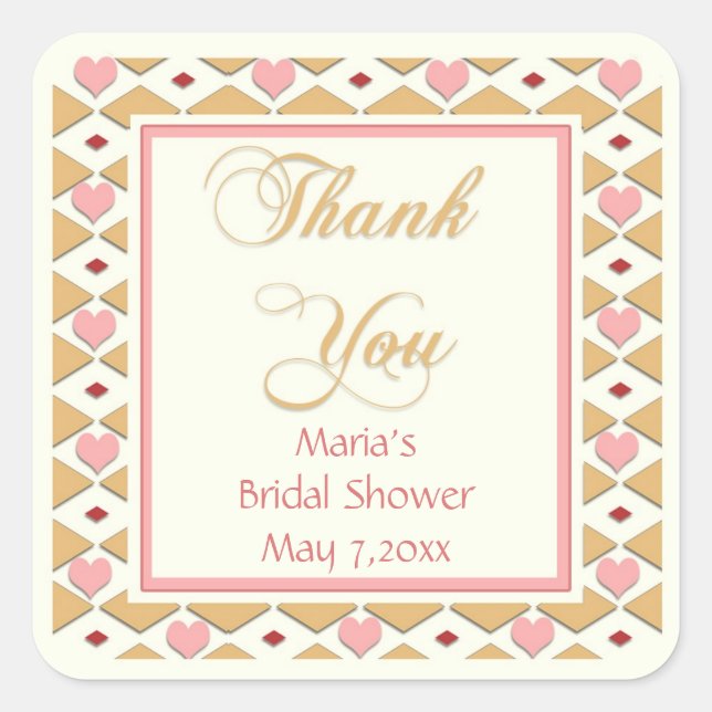Pink Gold Hearts Diamonds Thank You Stickers (Front)