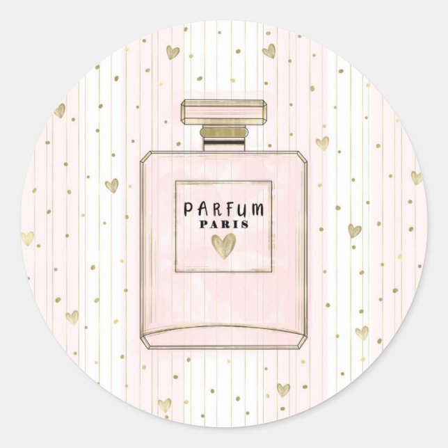 Pink & Gold Hearts Paris Parfum Chic Fashion Classic Round Sticker (Front)