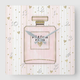 Pink & Gold Hearts Paris Parfum Chic Fashion Square Wall Clock