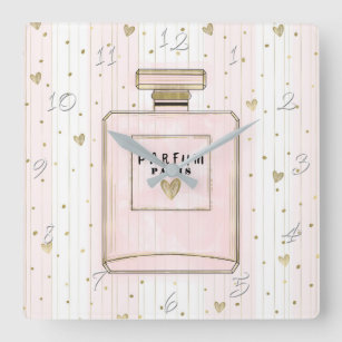 Pink & Gold Hearts Paris Parfum Chic Fashion Square Wall Clock