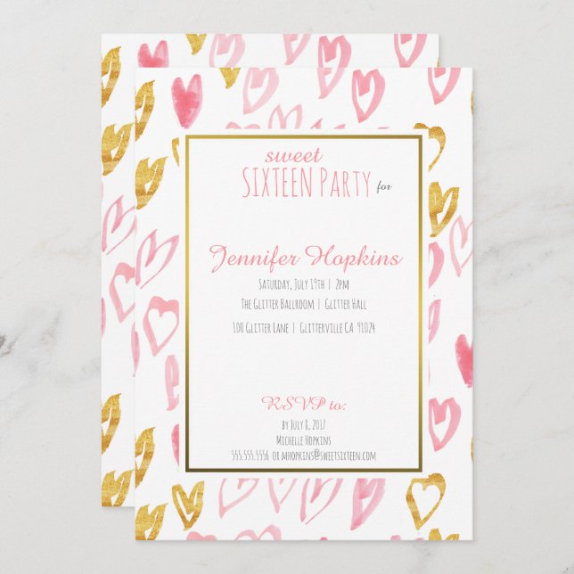 Pink & Gold Hearts Party Invitations (Front/Back)