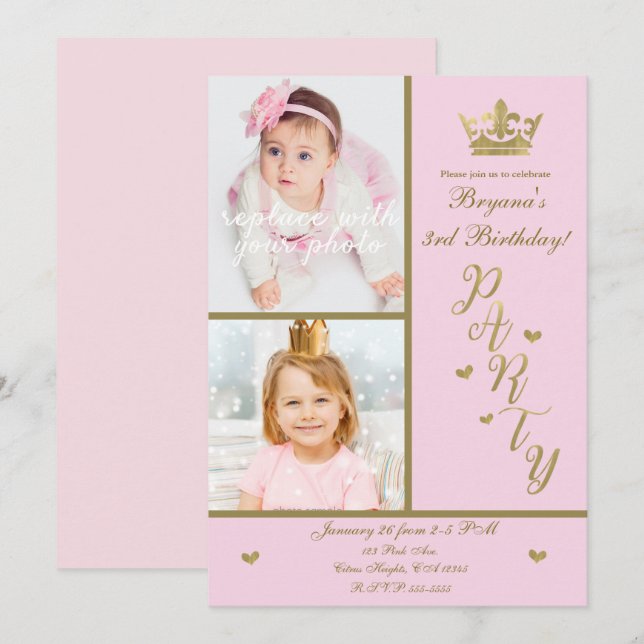 Pink & Gold Hearts Princess Crown 2 Photo Party Invitation (Front/Back)