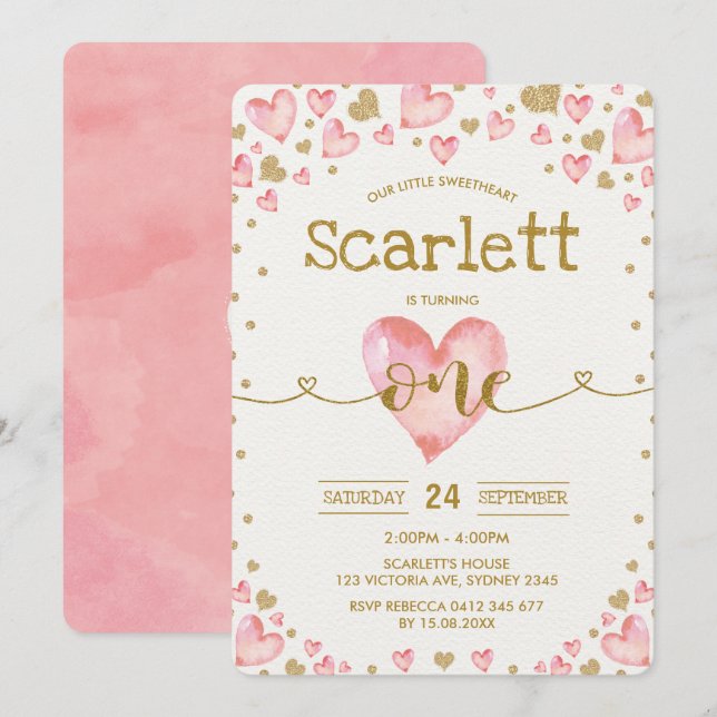 Pink Gold Hearts Sweetheart 1st Birthday Invite (Front/Back)