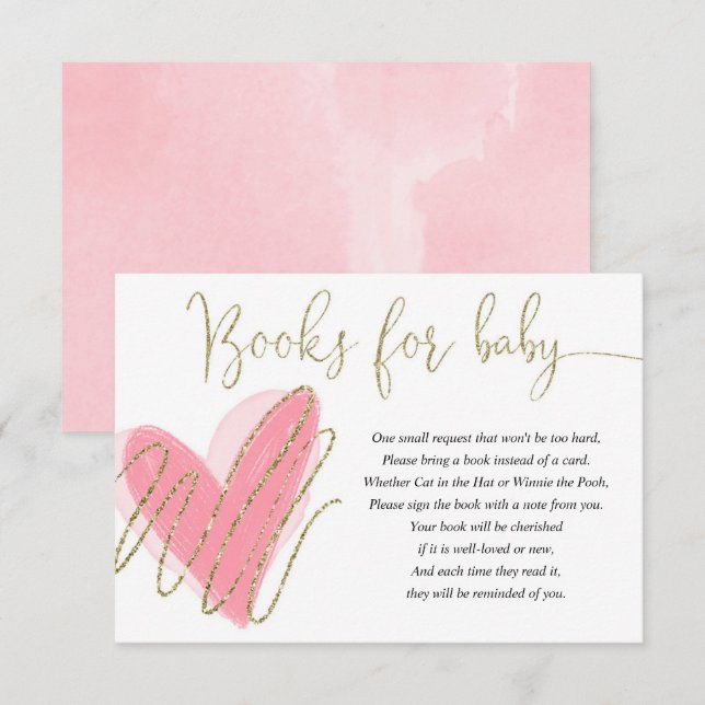 Pink gold hearts valentines girl books for baby enclosure card (Front/Back)