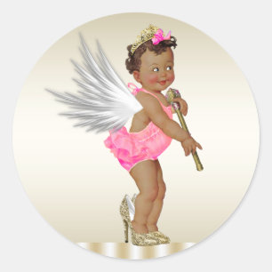 Pink Gold High Heel Angel Girls Ethnic Baby Shower Classic Round Sticker