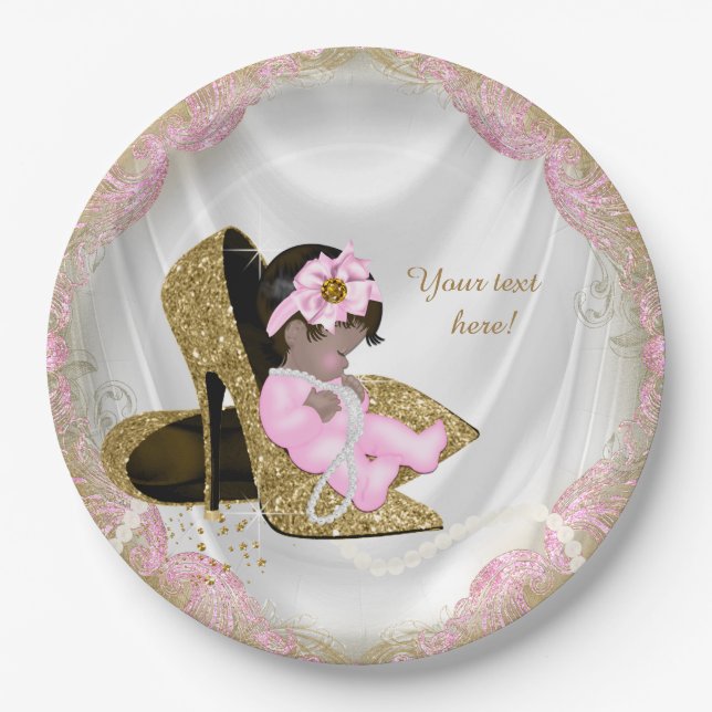 Pink Gold High Heel Ethnic Girl Baby Shower Paper Plate (Front)