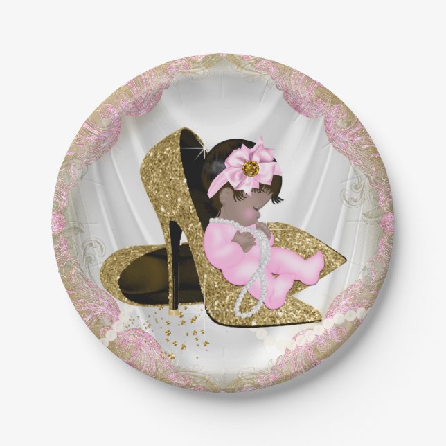 Pink Gold High Heel Ethnic Girl Baby Shower Paper Plate (Front)
