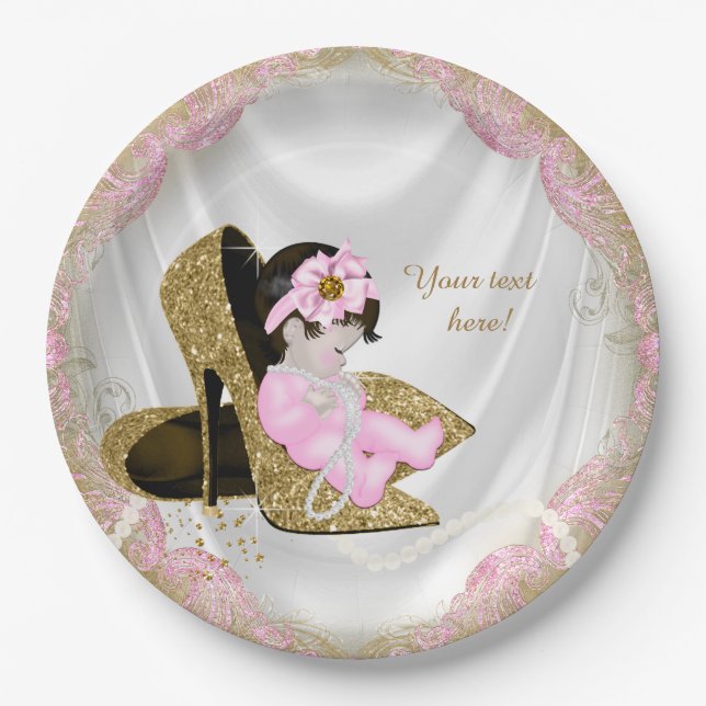Pink Gold High Heels Pearls Girl Baby Shower Paper Plate (Front)