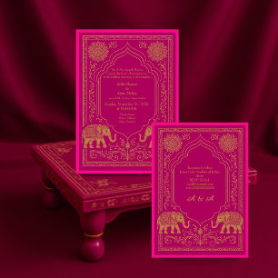 pink gold hindu mandala elephant arch wedding invitation