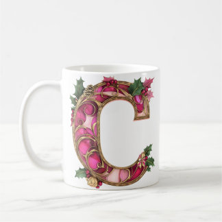 Pink Gold Holly Christmas Monogram C Coffee Mug