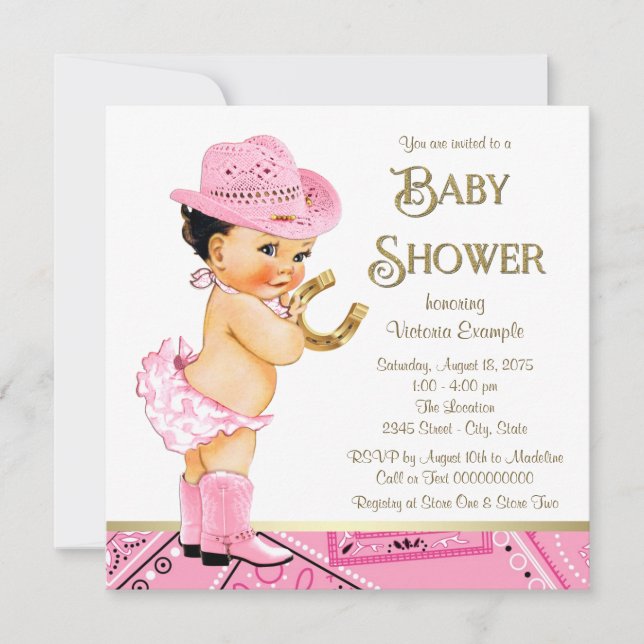 Pink Gold Horseshoe Cowgirl Baby Shower Invitation (Front)