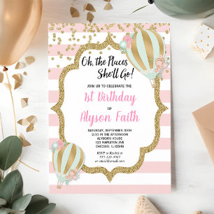 Pink Gold Hot Air Balloon 1st Birthday Invitation