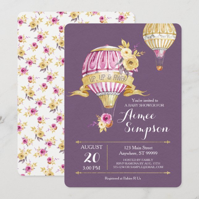 Pink Gold Hot Air Balloon Baby Shower Invitation (Front/Back)