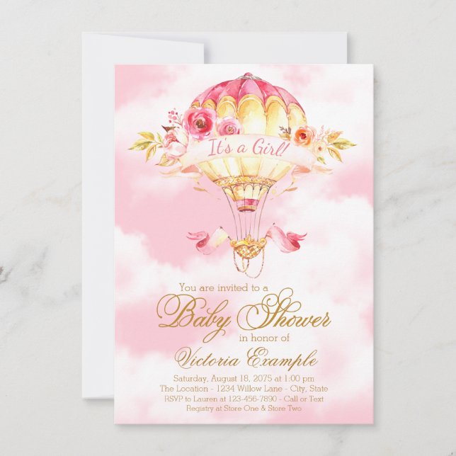 Pink Gold Hot Air Balloon Baby Shower Invitations (Front)