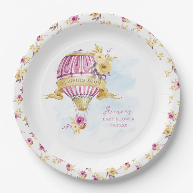 Pink Gold Hot Air Balloon Baby Shower Personalised Paper Plate (Front)
