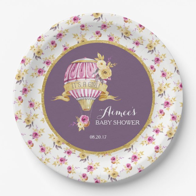 Pink+Gold Hot Air Balloon Baby Shower Personalised Paper Plate (Front)
