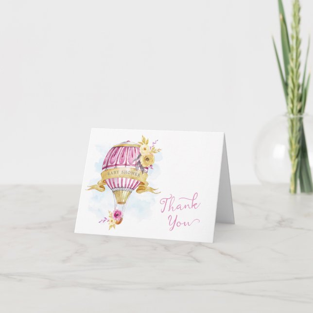 Pink Gold Hot Air Balloon Baby Shower Thank You (Front)