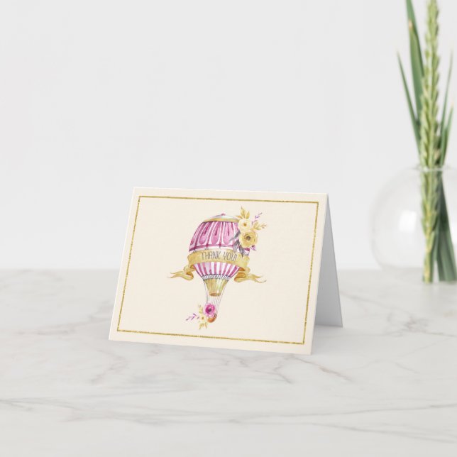 Pink+Gold Hot Air Balloon "Thank You" Card (Front)