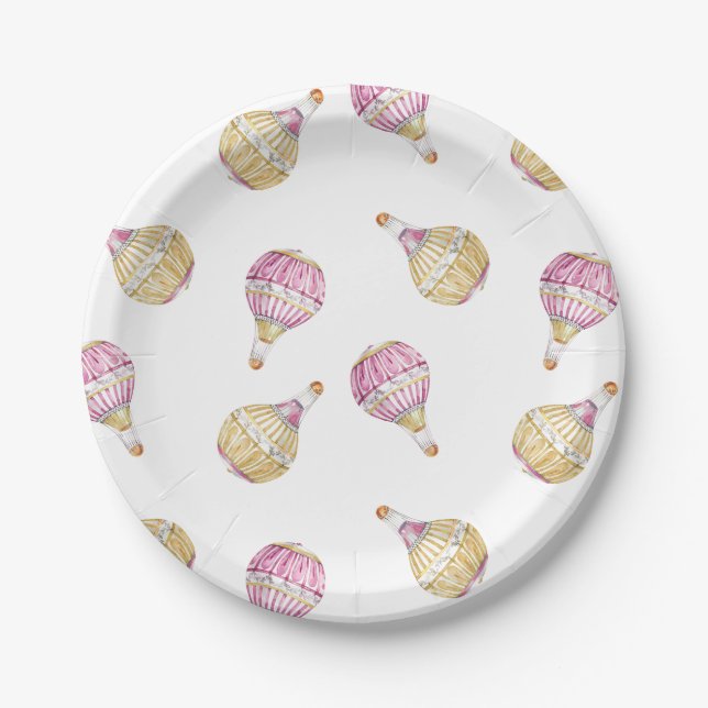 Pink Gold Hot Air Balloons Baby Shower Paper Plate (Front)