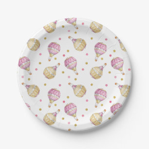 Pink Gold Hot Air Balloons Baby Shower Paper Plate