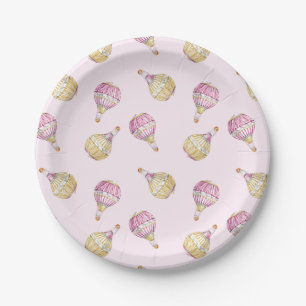 Pink Gold Hot Air Balloons Baby Shower Paper Plate