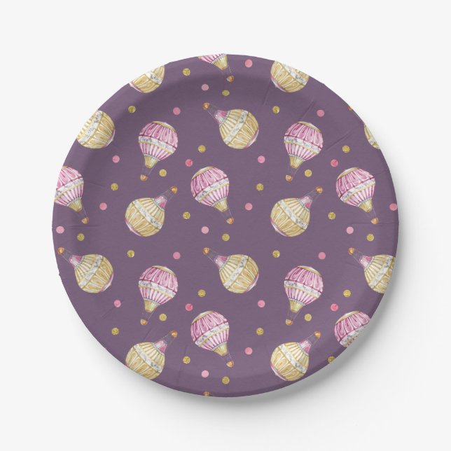 Pink+Gold Hot Air Balloons Baby Shower Paper Plate (Front)